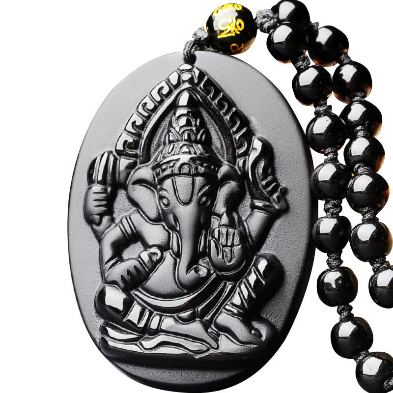 Obsidian Kette Ganesha Anhänger schwarzer Naturstein Wohlstand Segen