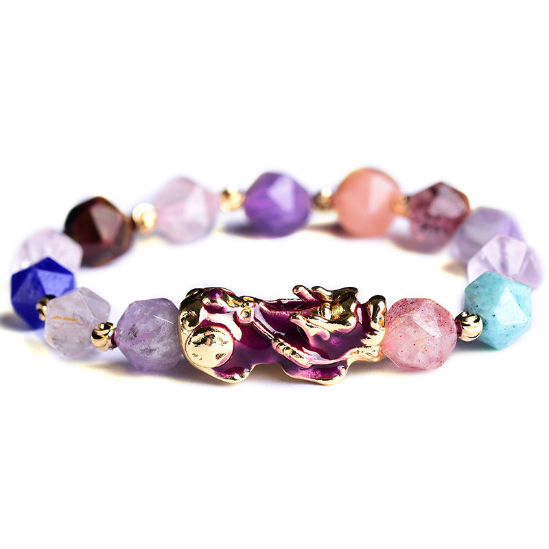Armband Amethyst Pixiu mit bunten Natursteinen elastisch getragen