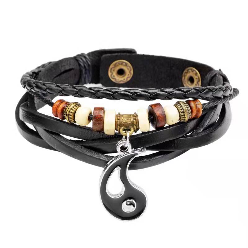 Schwarzes Leder Armband Yin Yang Drachen mit Holzperlen Anhänger