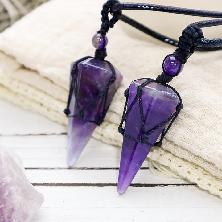 Amethyst Spitze Kette Naturstein Anhänger mit schwarzer Kordel Schmuck
