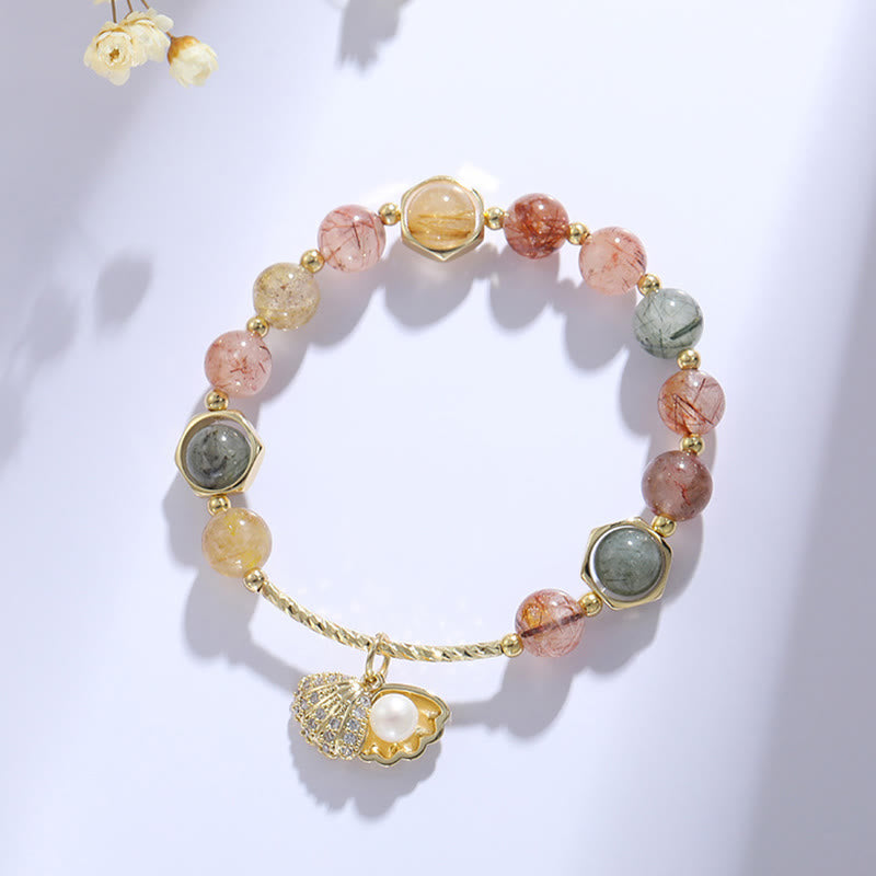 Armband Bunt Rutilquarz Shell Schutz elastisch Perle Gold Perlen