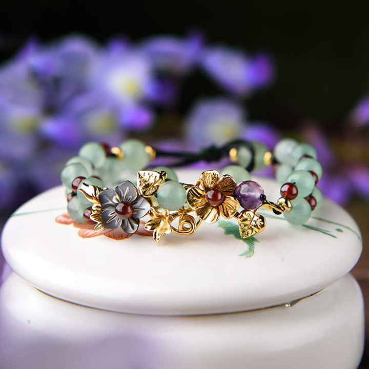 Armband Grüner Aventurin Granat & Blüten Anhänger - Glück