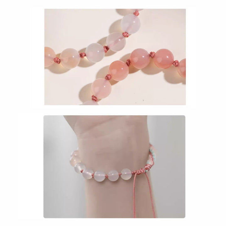 Armband Achat Pfirsichblüte rosa Perlen elastisch am Handgelenk getragen