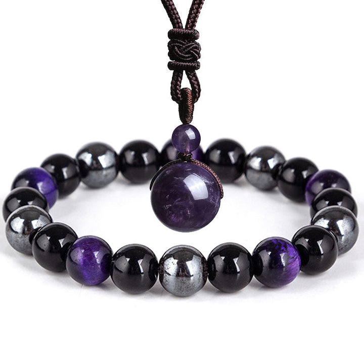 Amethyst Armband mit schwarzen Obsidian Perlen und Anhänger