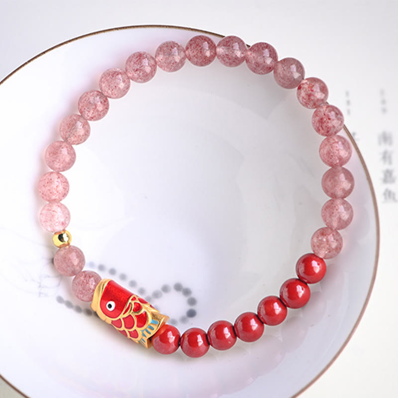 Armband Erdbeerquarz Zinnober Koi Fisch elastisch Naturstein Perlen