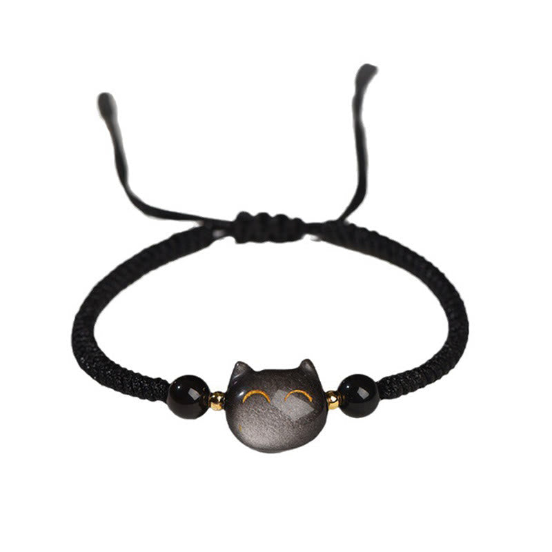 Armband Silber Obsidian Erdbeerquarz Katze – Schutz