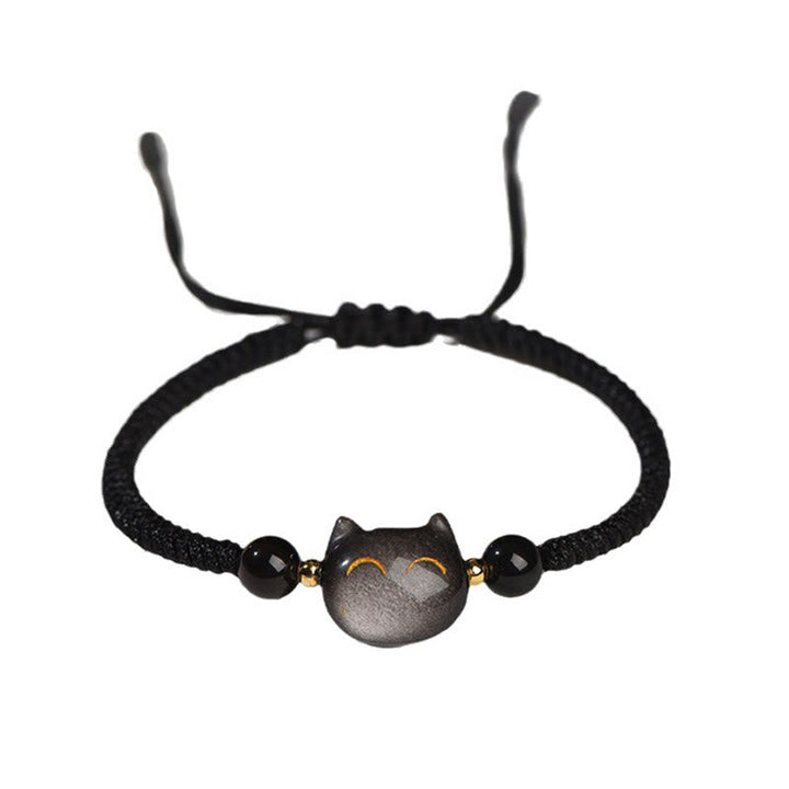 Armband Silber Obsidian Erdbeerquarz Katze – Schutz