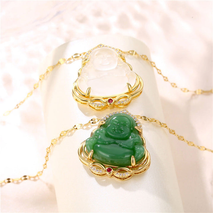 Kette Jade Lachender Buddha Gold Anhänger grün weiß