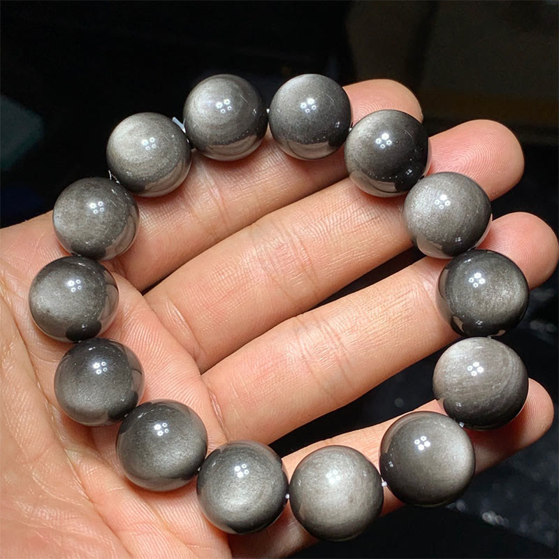 Armband Silber Obsidian – Schutz grauer Naturstein Perlen Handgelenk getragen