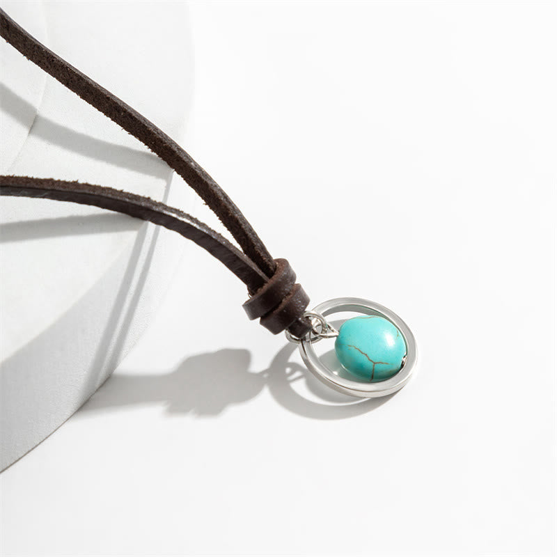 Kette Türkis Ring Anhänger braunes Lederband Naturstein Schmuck