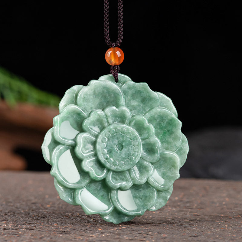 Jade Lotus Kette Anhänger grüner Naturstein Glück Wohlstand Heilstein.
