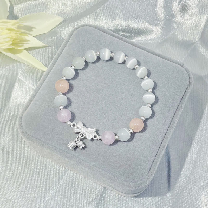 Armband Amethyst Katze weiß rosa Naturstein Perlen Charm.