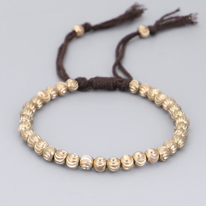 Armband Kupfer – Glück Balance mit goldenen Perlen braune Schnur elastisch