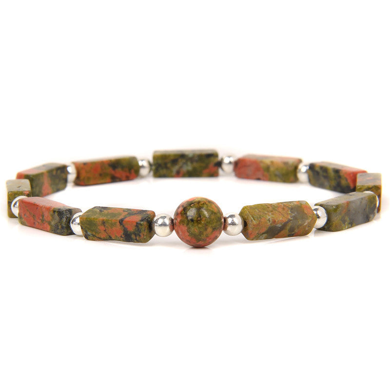 Unakite Armband mit Tigerauge Perlen, Naturstein Schmuck auf weißem Hintergrund