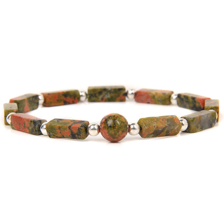 Unakite Armband mit Tigerauge Perlen, Naturstein Schmuck auf weißem Hintergrund