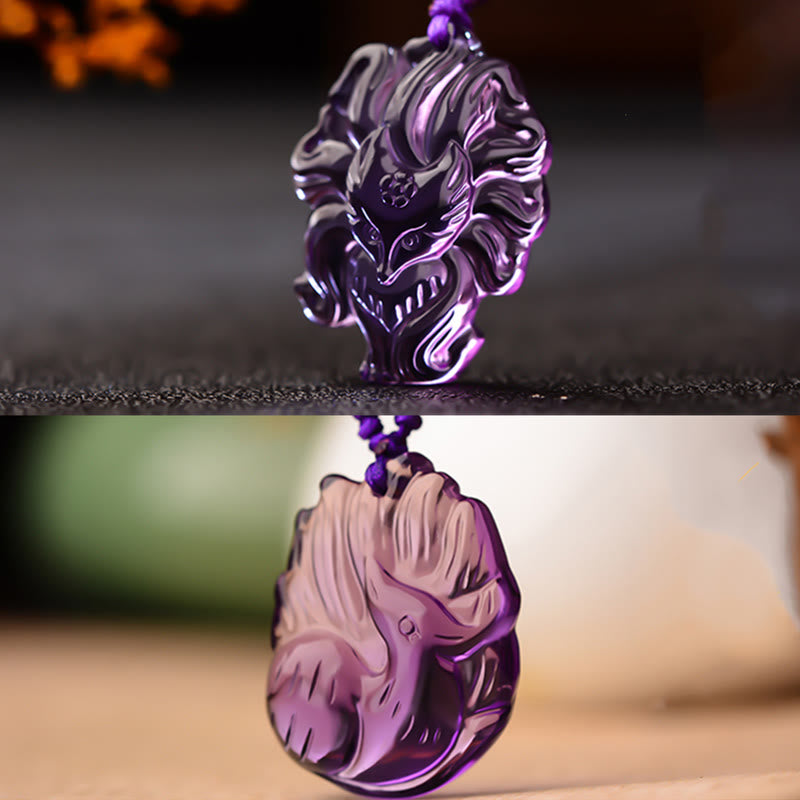 Anhänger Kette Amethyst Neunschweif-Fuchs Glück lila Schnitzerei