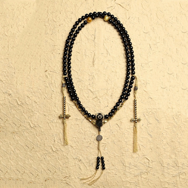 Mala Schwarzer Onyx – Schutz Halskette mit Quasten und Perlen.