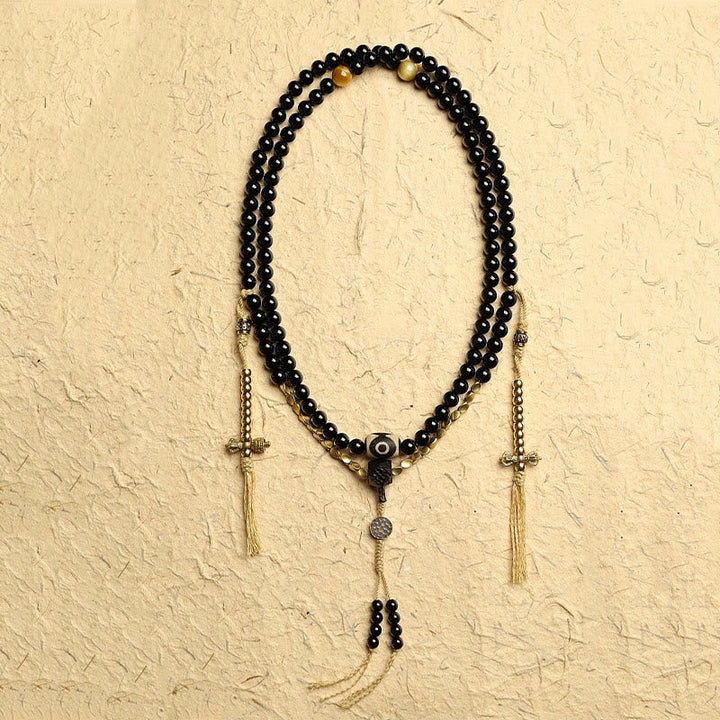 Mala Schwarzer Onyx – Schutz Halskette mit Quasten und Perlen.