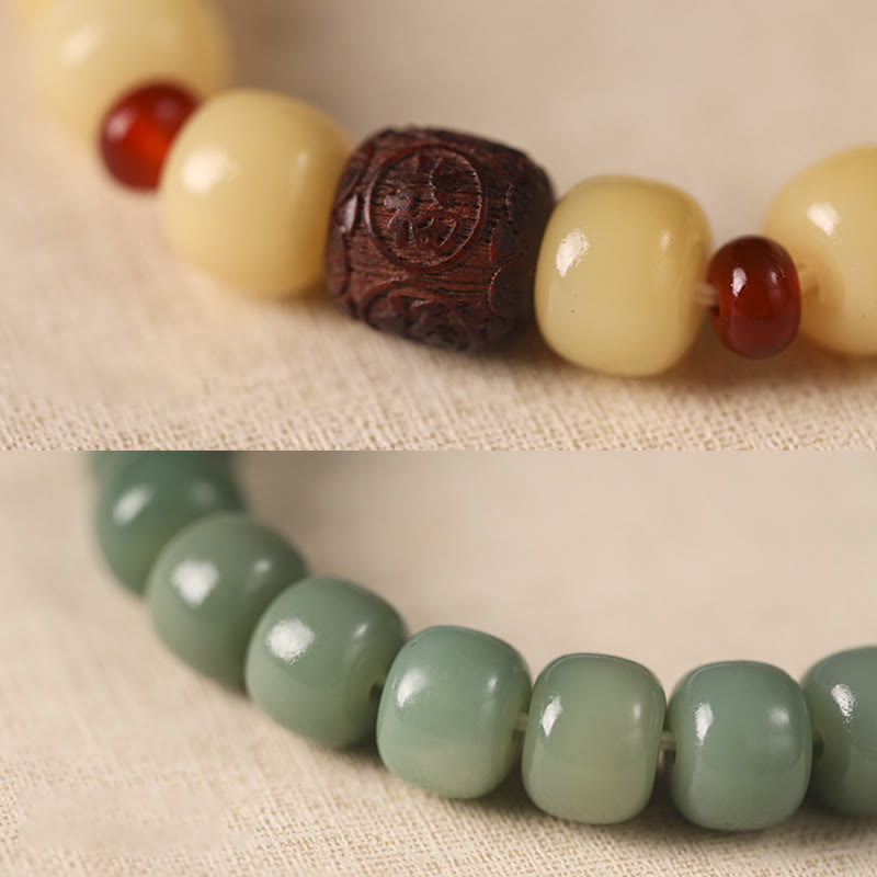Armband Bodhi Fu-Zeichen Frieden Naturstein Perlen beige grün elegant