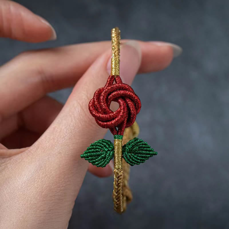Armband – Glück & Frieden & Energie rote Rose Stickerei golden geflochten