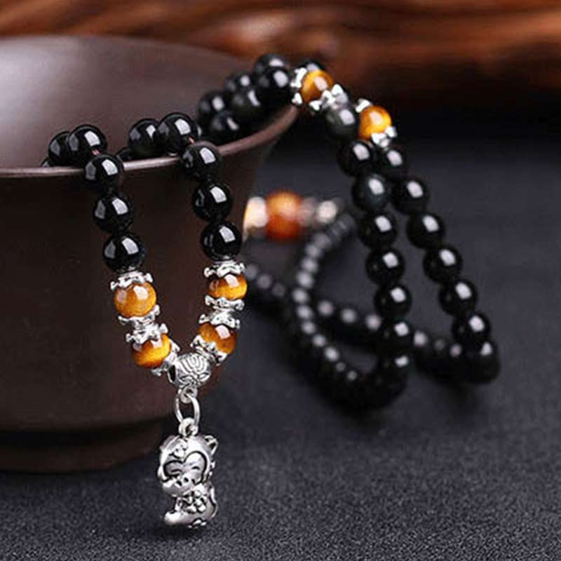 Armband Schwarzer Obsidian Tigerauge Chinesisches Tierkreis – Glück elastisch getragen