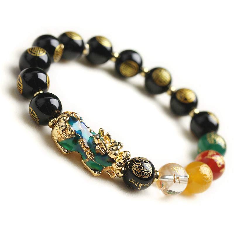 Obsidian Pixiu Armband mit schwarzen Steinen und bunten Perlen Nahaufnahme