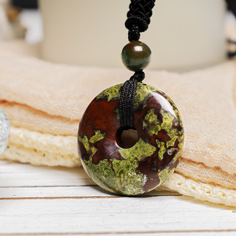 Grüne Jade Münzen Kette mit roten Mustern Naturstein Anhänger