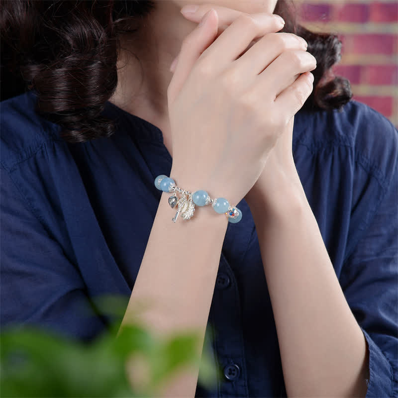 Aquamarin Armband 925 Silber Perlen Blätter Charm elegant getragen
