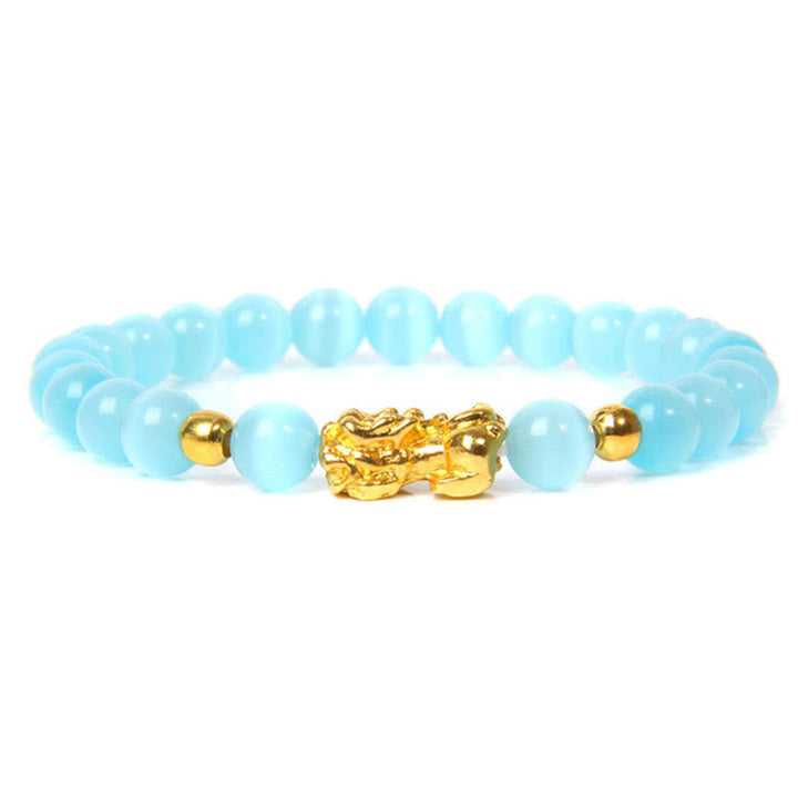 Hellblaues Armband Pixiu Goldperlen Naturstein elastisch Glück Wohlstand