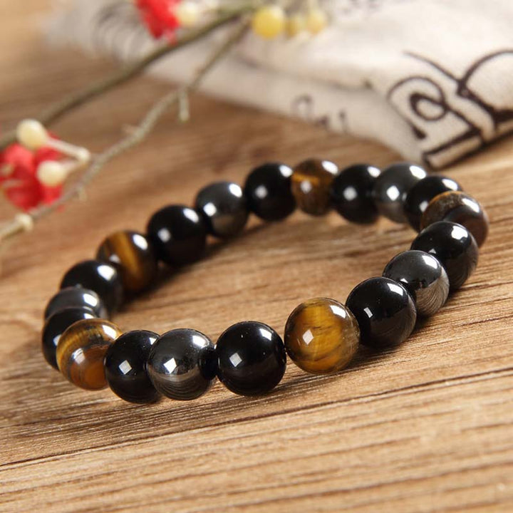 Tigerauge Armband Perlen Bracelet schwarz braun Naturstein glänzend