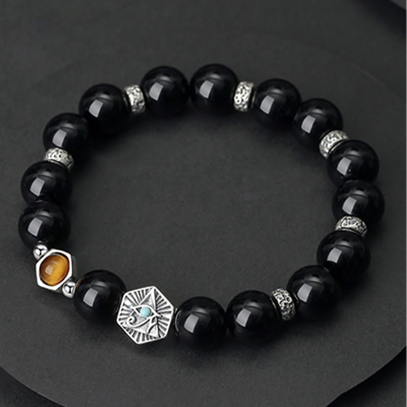 Schwarzes Obsidian Armband 925 Silber mit Katzen-Charm elegant.
