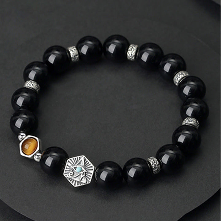 Schwarzes Obsidian Armband 925 Silber mit Katzen-Charm elegant.