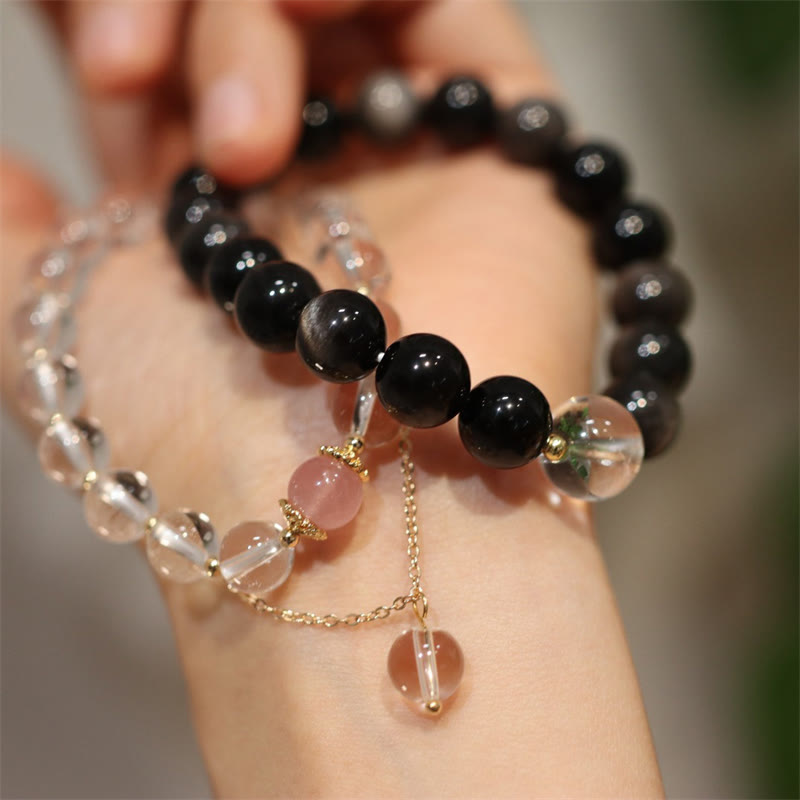 Obsidian Armband Silber mit weißem Kristall Yin Yang Schutz elegant.