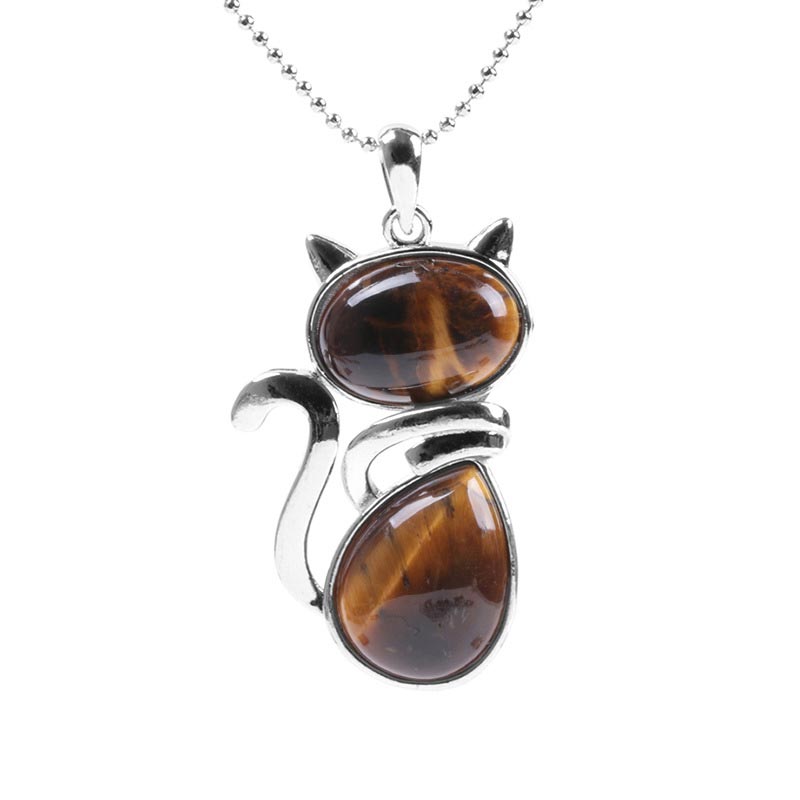 Silberne Kette Katze Anhänger mit braunem Tigerauge Stein Schmuck