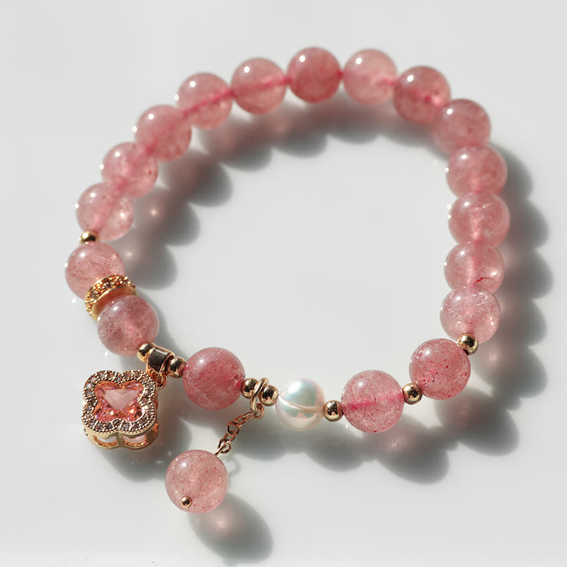 Armband Erdbeerquarz Perle Kleeblatt rosa Naturstein Heilung Liebe Schmuck