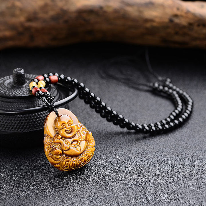 Kette Tigerauge lachender Buddha Segen Perlen schwarz