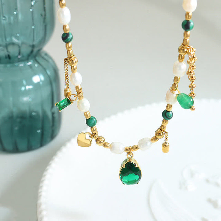 Kette Perle grün Zirkon Gold Anhänger