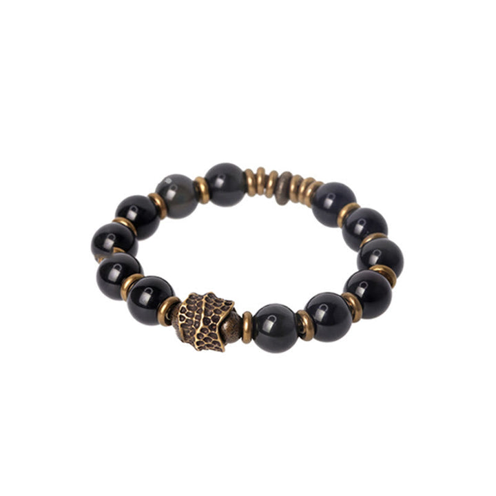 Armband Obsidian Kupfer schwarze Perlen mit bronzefarbenen Metallperlen elastisch