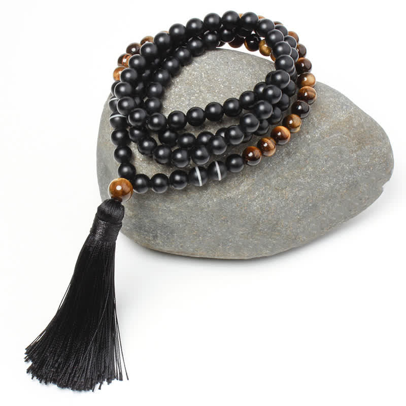 Kette Schwarzer Onyx Tigerauge Glück Mala Quaste