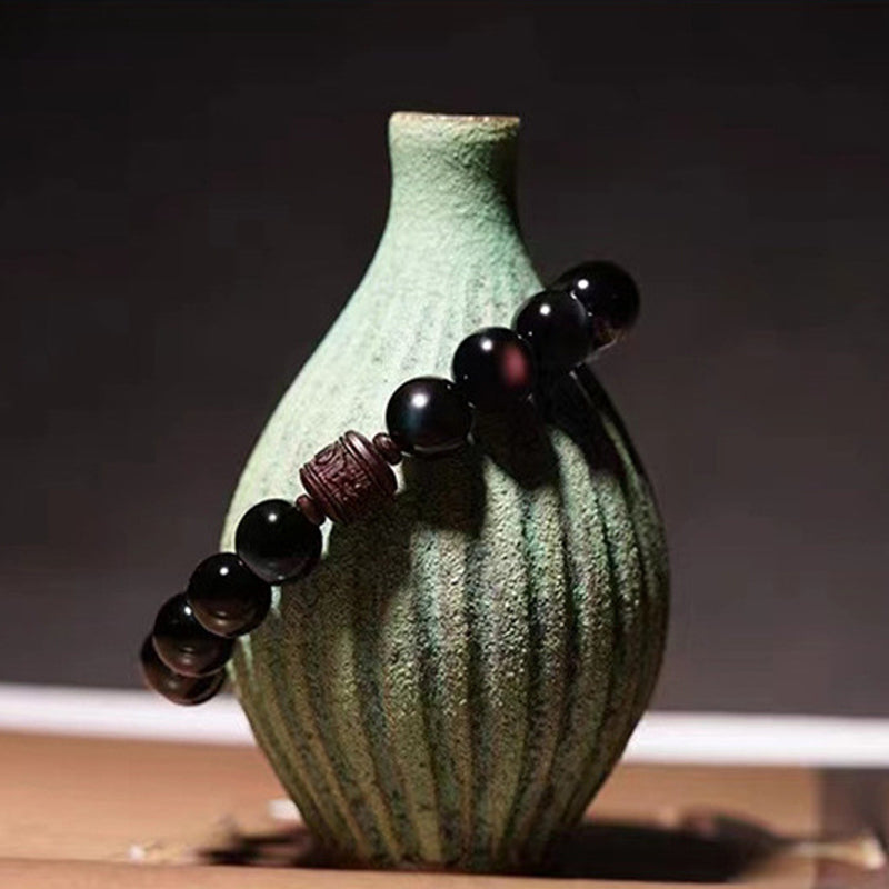 Obsidian Armband Om Mani Padme Hum schwarze Perlen Heilstein Schmuck