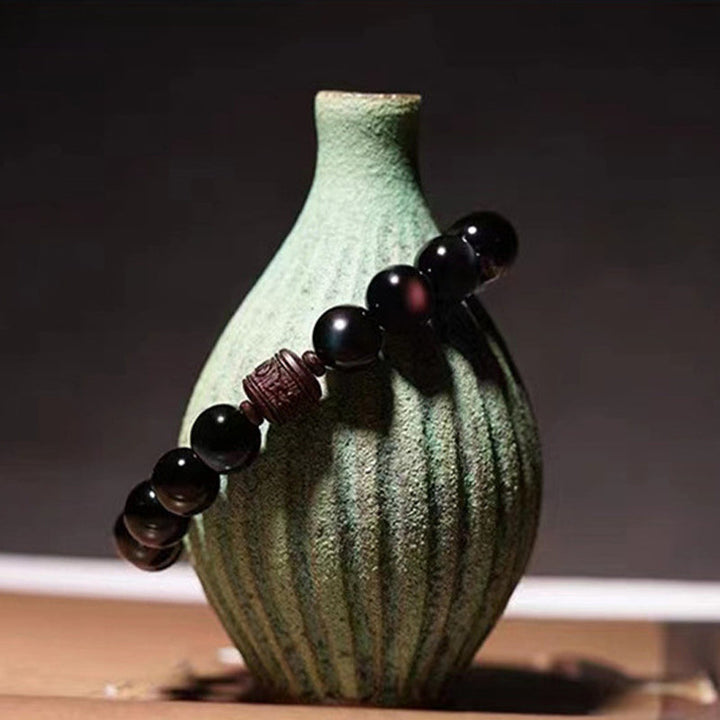 Obsidian Armband Om Mani Padme Hum schwarze Perlen Heilstein Schmuck
