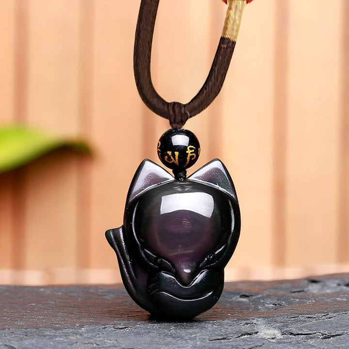 Kette Obsidian Neunschweif-Fuchs schwarzer Anhänger Naturstein Glücksanhänger
