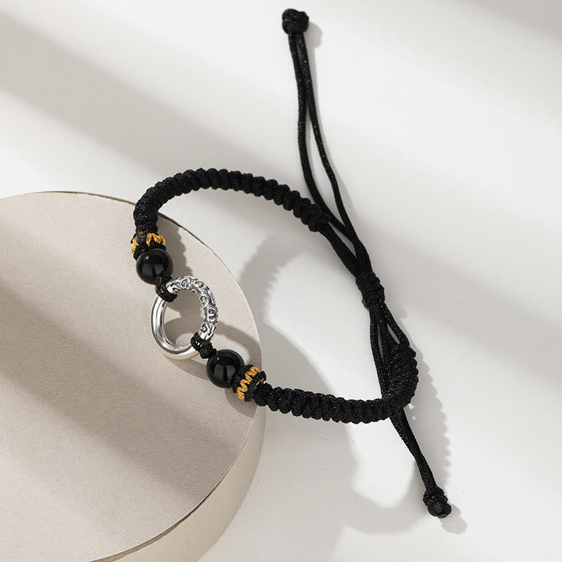 Schwarzes Armband 925 Silber mit Obsidian Perlen elastisch verstellbar