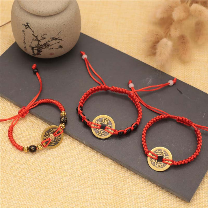 Rotes Armband Kupfer – Glück mit goldenen Münzen elastisch.