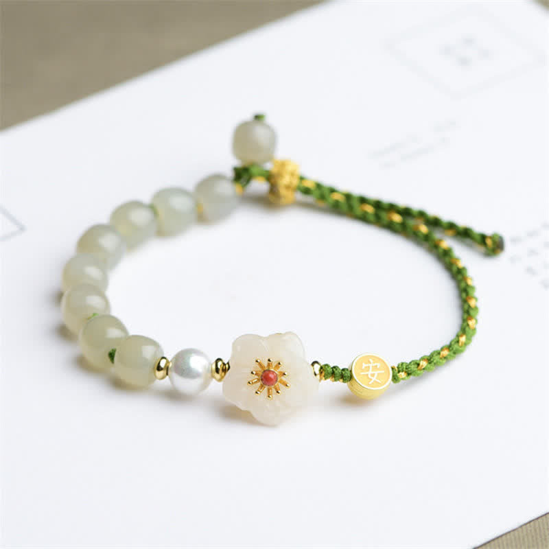 Armband mit Jade, Pfirsichblüte und Perlen elegantes Design Glück