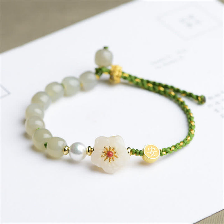 Armband mit Jade, Pfirsichblüte und Perlen elegantes Design Glück