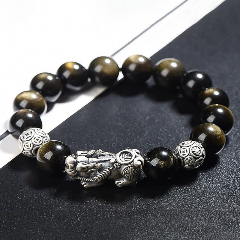 Armband 925 Silber Obsidian Pixiu schwarze Perlen Schutzamulett elegantes Design