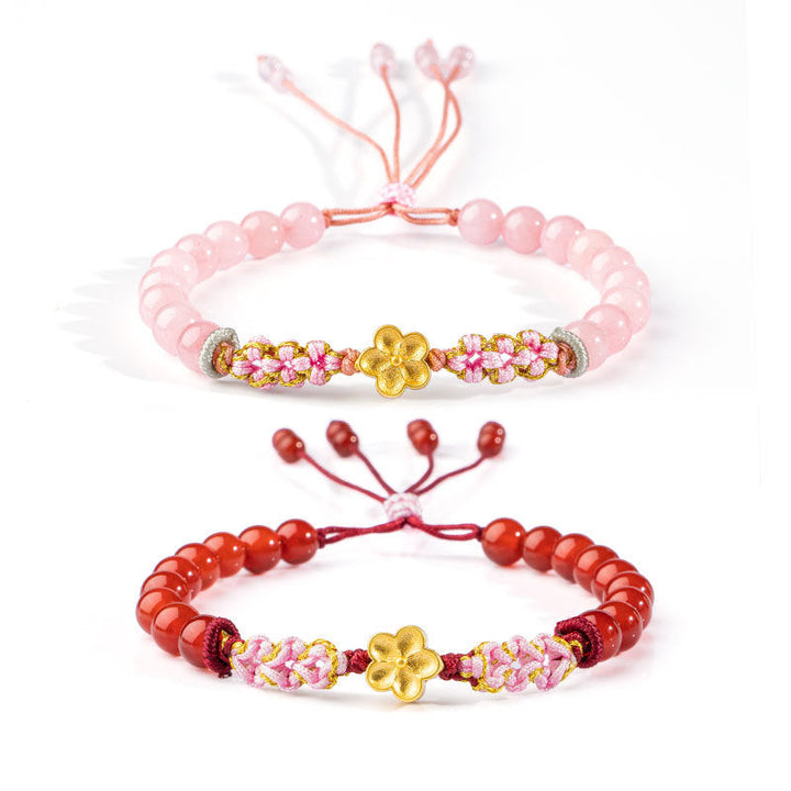 Rosa Achat Armband 925 Silber mit goldenem Blütenanhänger elastisch