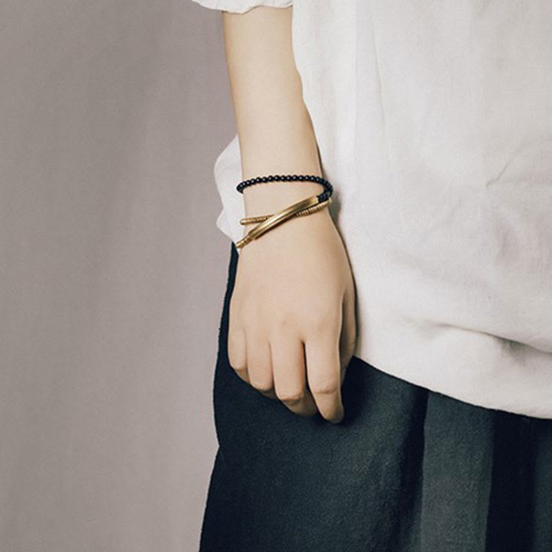 Armband Kupfer Achat Schutz schwarze Perlen goldene Schleife Handgelenk
