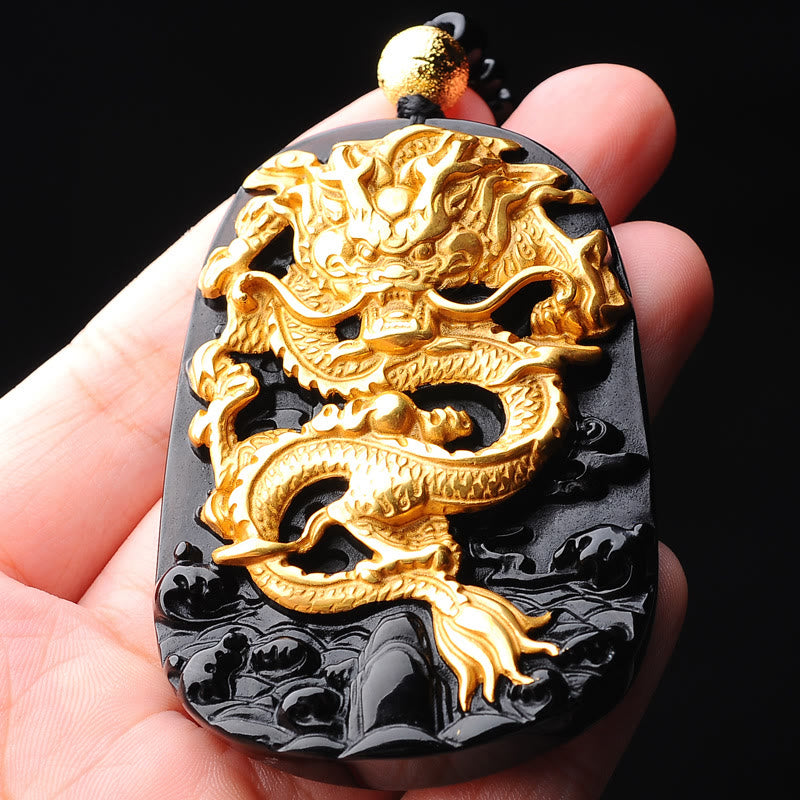 Obsidian Drachen Anhänger Gold schwarz Kette Naturstein Schmuck Pendant